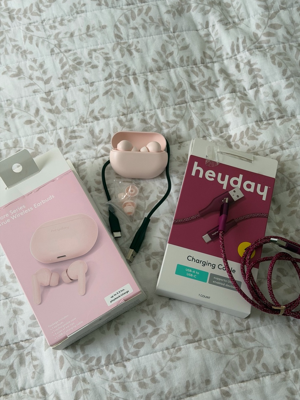 heyday Pink True Wireless Earbuds with Matching Pink Case and Charging Cable